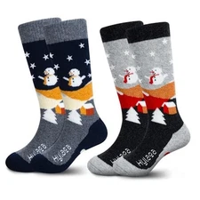  Merino Wool Ski Socks Kids, Knee-high Warm Thermal Small Black Grey (2 Pairs)