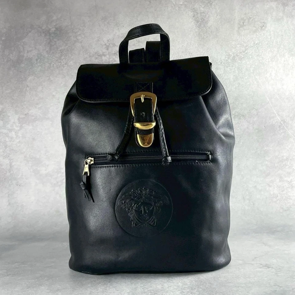 Vintage Gianni Versace Medusa Embossed Leather Backpack Black Italy Made Auth - Image 2 of 4