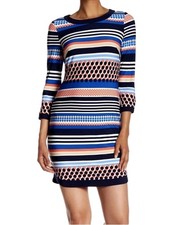 Vince Camuto Blue Coral Striped Shift Dress Size 12 Summer Office Career Stretch