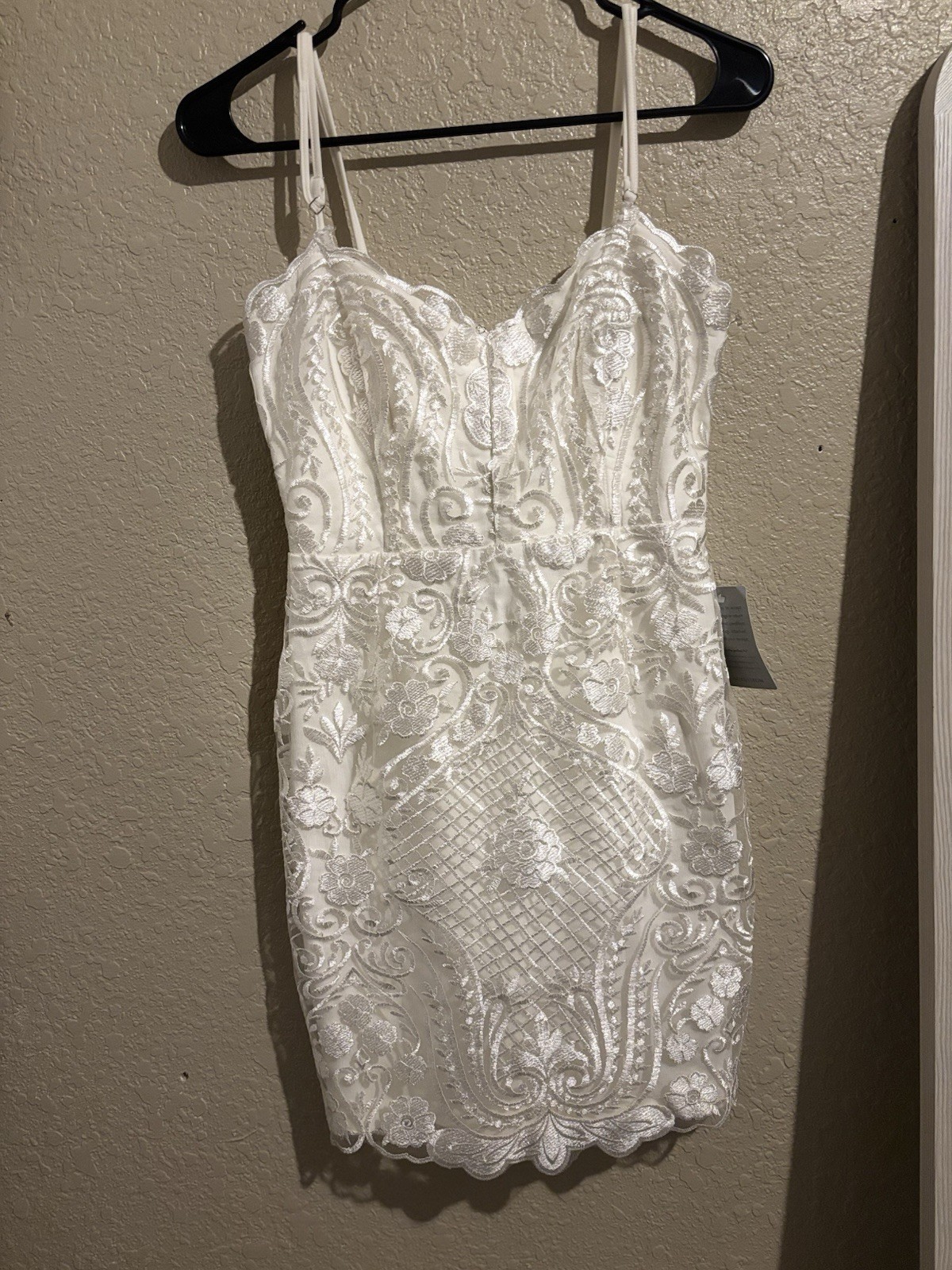 Lulus White Floral Embroidered Lace Bodycon Mini Dress V-Neck Strappy Zip S