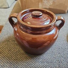 Vtg Brown Bean Pot Crock Made in USA Boston Baked Bean DoubleHandle Lid 8.75x6.5
