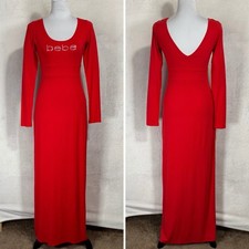 Bebe Red Knit Fitted Maxi Dress Size S Long Sleeve Rhinestone Logo Bling USA Y2K