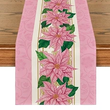  Watercolor Poinsettia Christmas Table Runner, Table Runner, 13" x 72" Pink