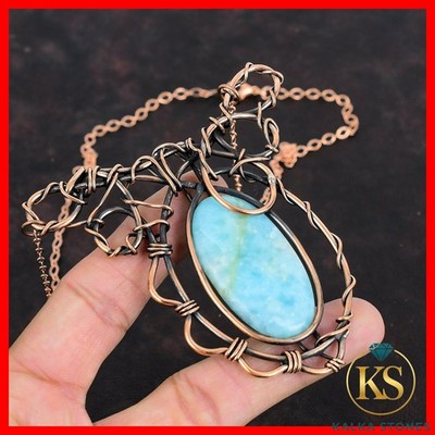 Oval Hemimorphite Gemstone Chain Sister New Wire Wrapped Necklace Jewelry Copper