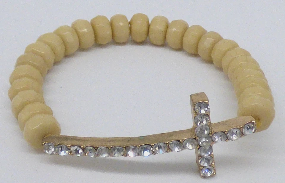 Pulsera elástica con cuentas cruzadas de diamantes de imitación beige acrílico tono dorado metal religioso Foto 3 de 4