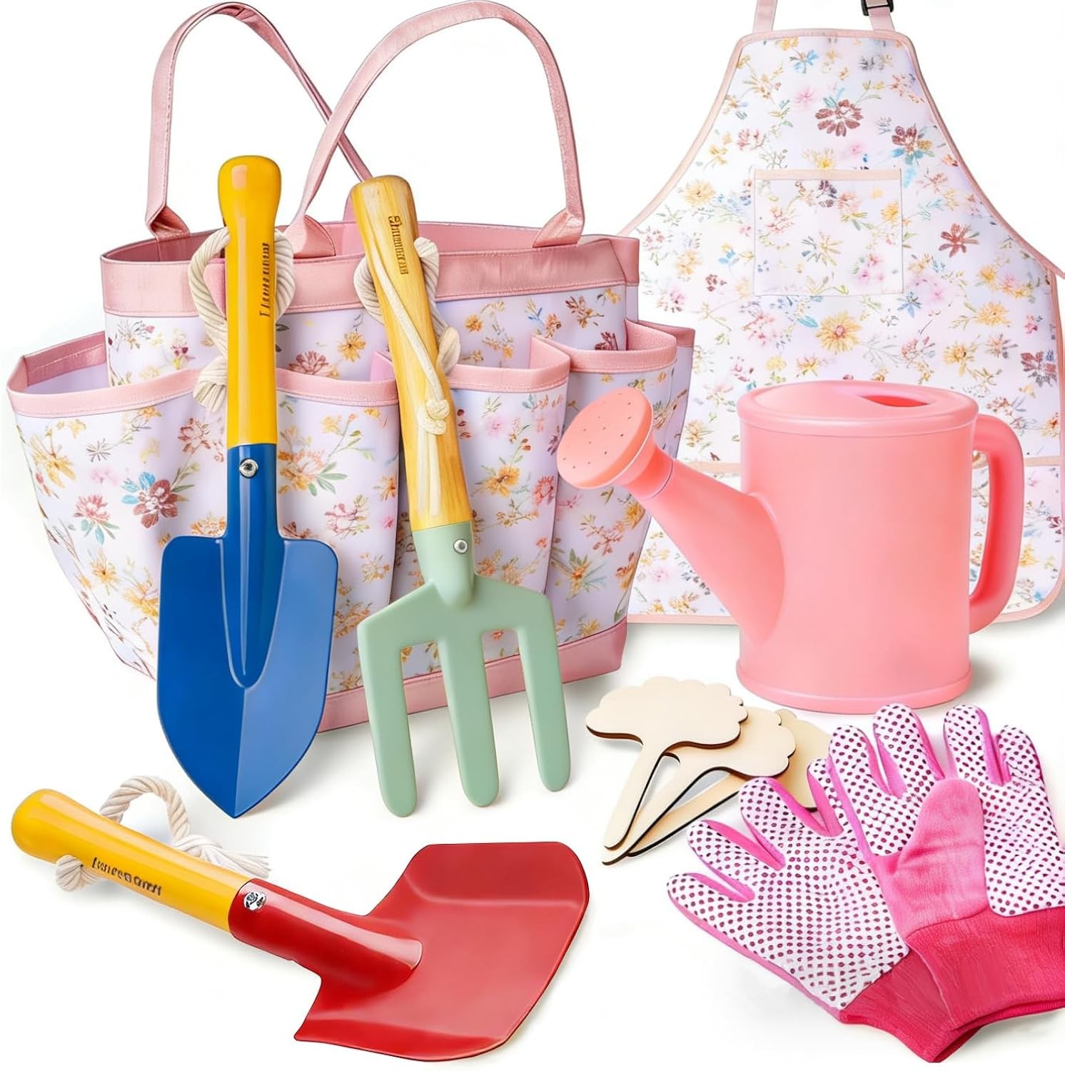Kids Gardening Tools Set with Apron & Tote Bag Shovel Fork Trowel Gloves