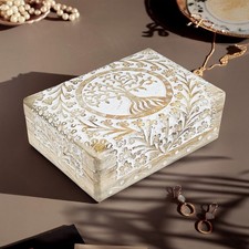 Decorative Wooden Jewelry Box with Tree of Life Carving, White and Gold, 8 x ...