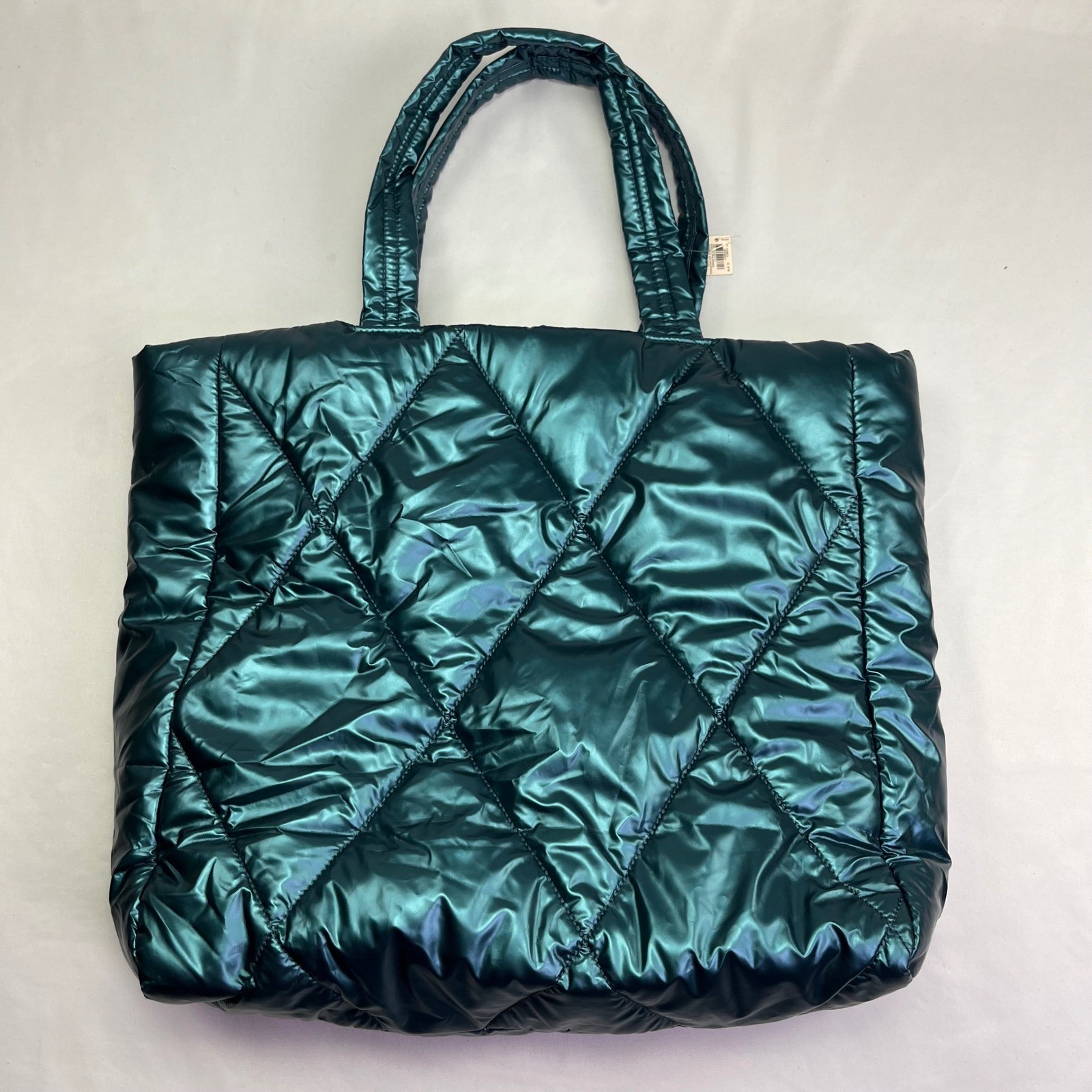 Victoria Secret Tote Bag Teal Green Metallic Quilted Puffer Large Travel