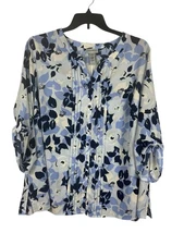Catherines Women’s 2X 22/24W Floral Pintuck Blouse Blue White Navy 3/4 Sleeve 