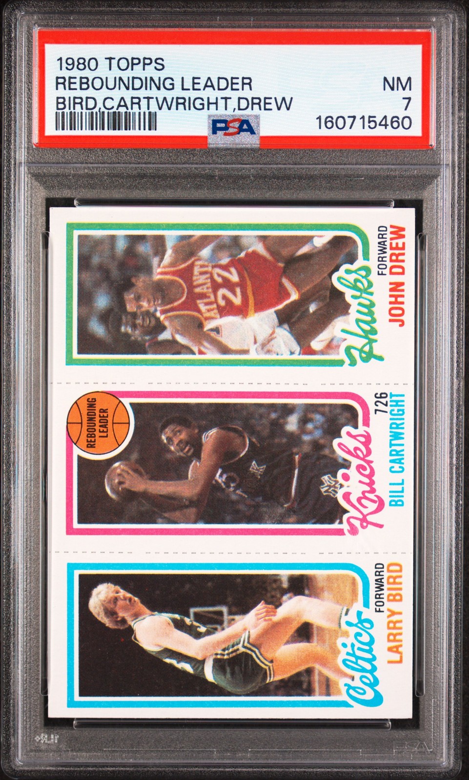 1980 TOPPS REBOUNDING LEADER BILL CARTWRIGHT/JOHN DREW/LARRY BIRD PSA 7