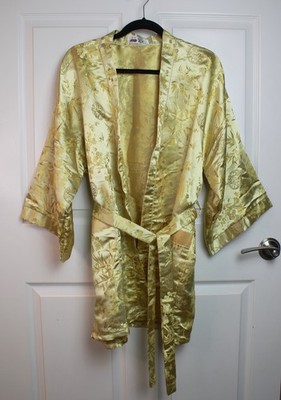 VTG Double Peach Gold Silk Satin Jacquard Short Kimono Sleeve Robe XL New Unworn