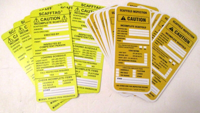 33 NEW YELLOW HEAVY PLASTIC SCAFFOLD INSPECTION TAGS ~ OSHA / MSHA APPROVED ~