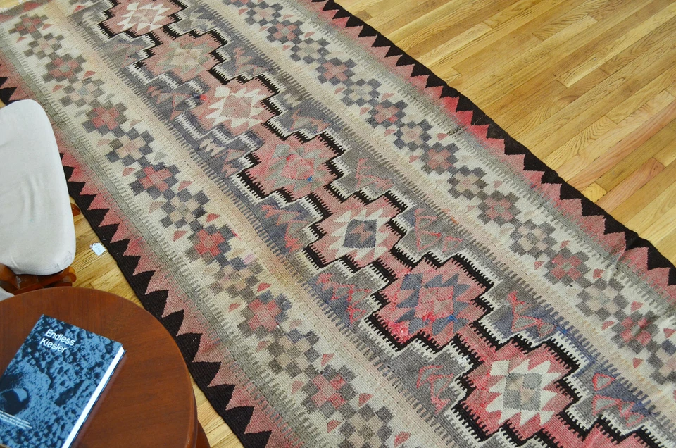 Alfombra geométrica Kilim Runner de lana tradicional hecha a mano oriental vintage 4x10 Foto 3 de 4