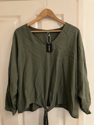 BNWT Women's Vivance Khaki Green Tie-Front Batwing Floaty Fitted Blouse Top, 18