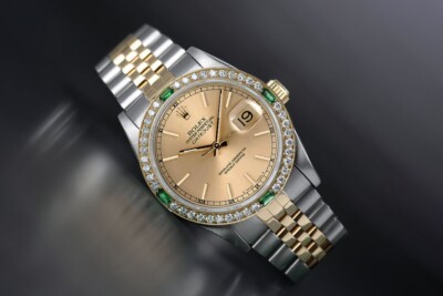 Rolex Datejust 31 mm Champagne Index Dial Emerald & Diamond Bezel Two Tone Watch