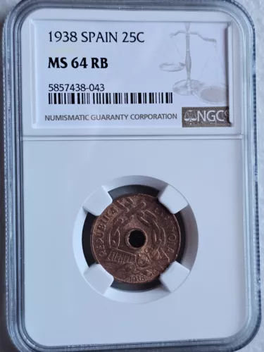Spain 25 Centavos 1938 NGC MS 64 RB