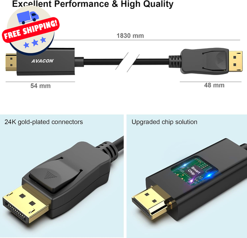 Displayport to HDMI 6 Feet Gold-Plated Cable, Avacon Display Port to HDMI Adapt - Picture 6 of 12