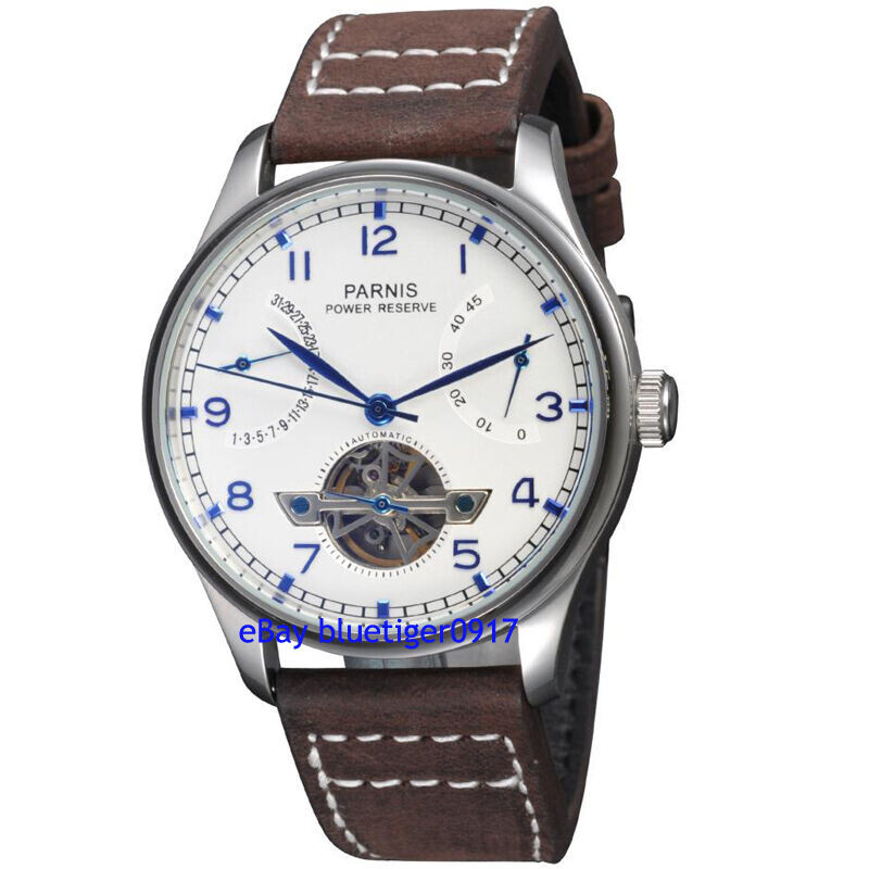 43mm PARNIS White Dial Power Reserve Date St 2530 Automatic Mens