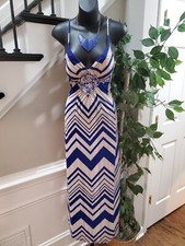 Gievergate Women's Beige & Blue Sweetheart Neck Sleeveless Long Maxi Dress M
