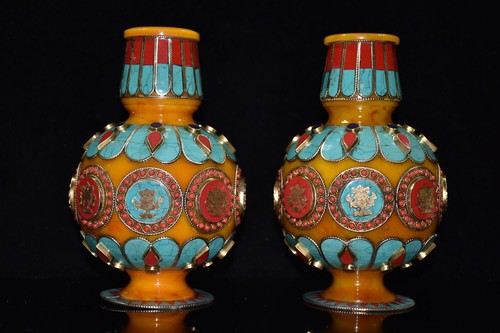 Colecciona un par de jarrones tibetanos antiguos con incrustaciones de cera de miel turquesa de piedras preciosas - Imagen 3 de 9