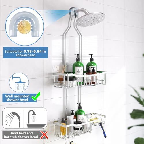 Shower Caddy, Upgraded Extended Length Shower Caddy Over Showerhead No Silver