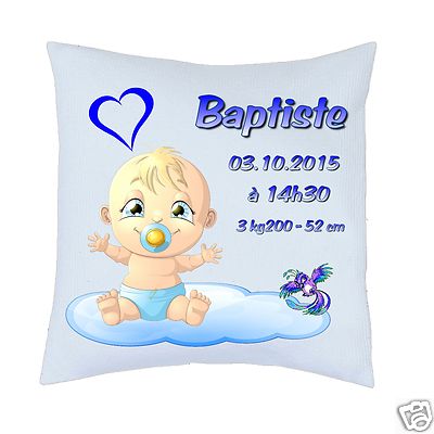 Coussin De Naissance Personnalisé Pour Garçon - Housse Décorative 40x40 Cm Avec Prénom, Date, Poids Et Taille De Bébé