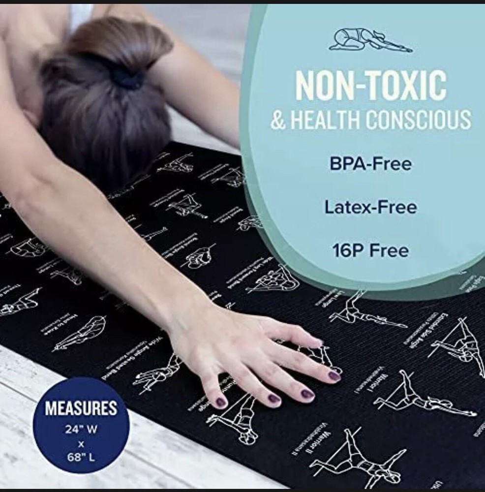 Non-Slip Purple Yoga Mat with 70 Pose Prints by NewMe Fitness