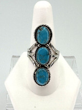 Native American Sterling Silver Turquoise 3-Stone Ring Size-10 Signed J