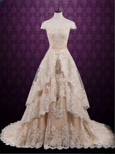 Elegant Champagne Wedding Dress A-Line Off-Shoulder Appliques Tiered With Belt