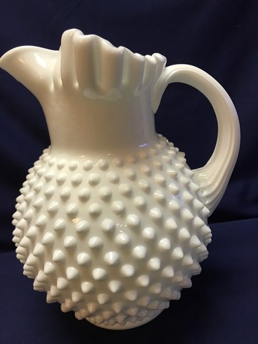Fenton Pitcher~ White Milk Glass Hobnail~ Ruffled Rim~ Ice Catcher Lip~ Handle - Picture 2 of 8