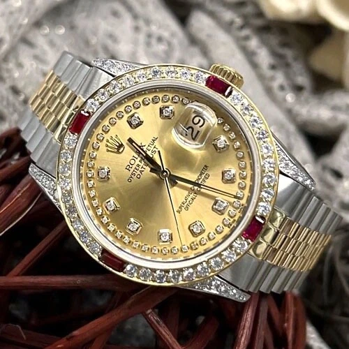 Rolex Datejust Gold Steel 36 mm Champagne String Dial Ruby