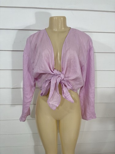 New ZARA Woman Pink 100% Linen Long Sleeve Front Tie Knot Shirt size L Y980 - Picture 2 of 11