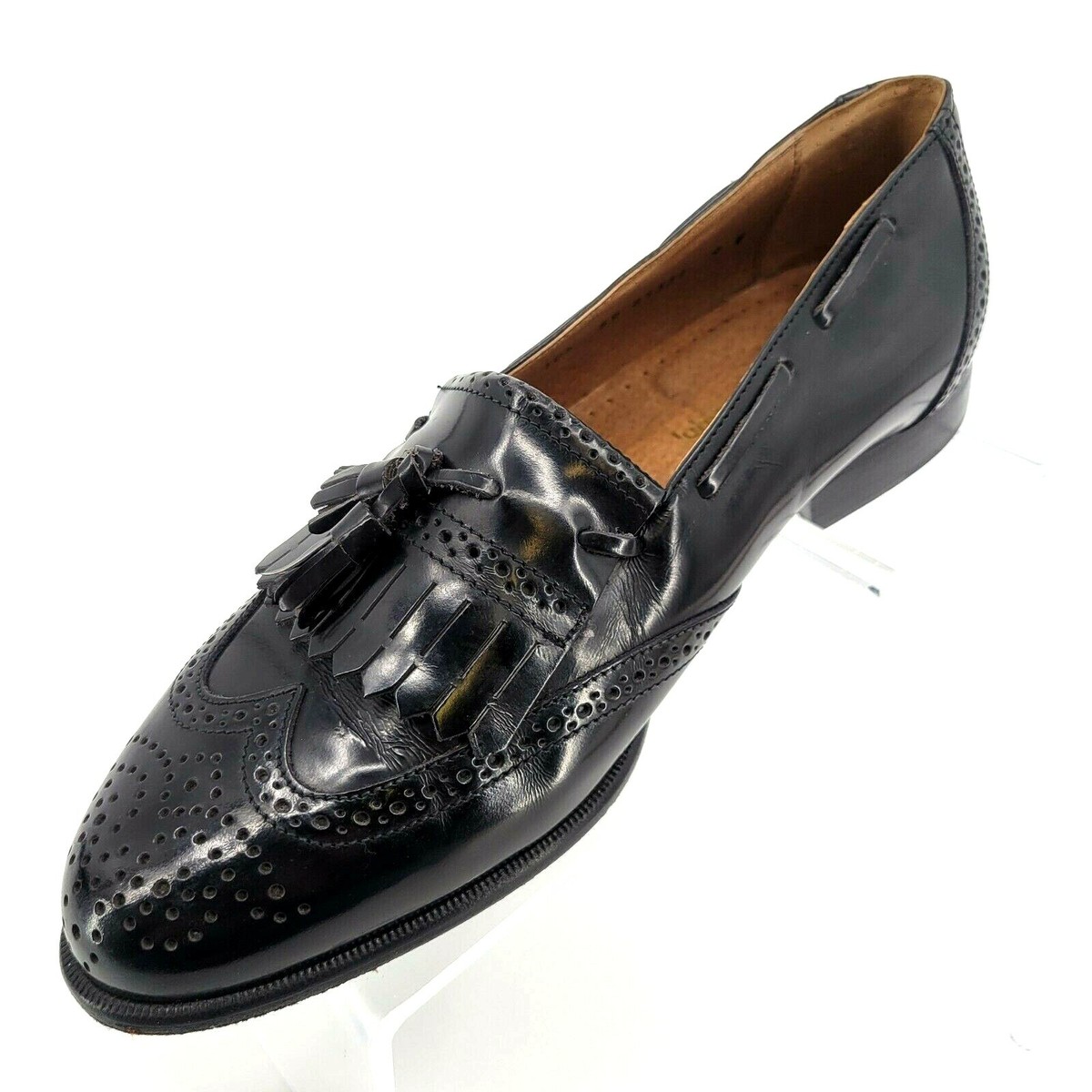 Y2K VTG Johnston & Murphy Woven Black Leather Tassel Kiltie Loafers Men’s 9 Johnston Murphy Black Leather Kiltie Tassel Wingtip Loafers  main image 3