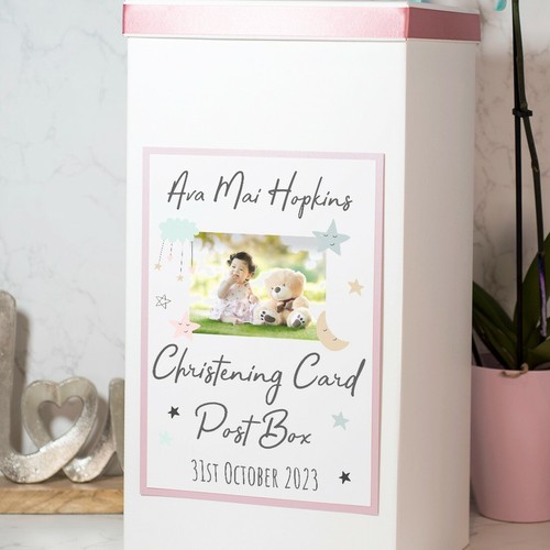 Personalised Moon and Stars Photo Christening Baptism Card Post Box - Picture 2 of 2