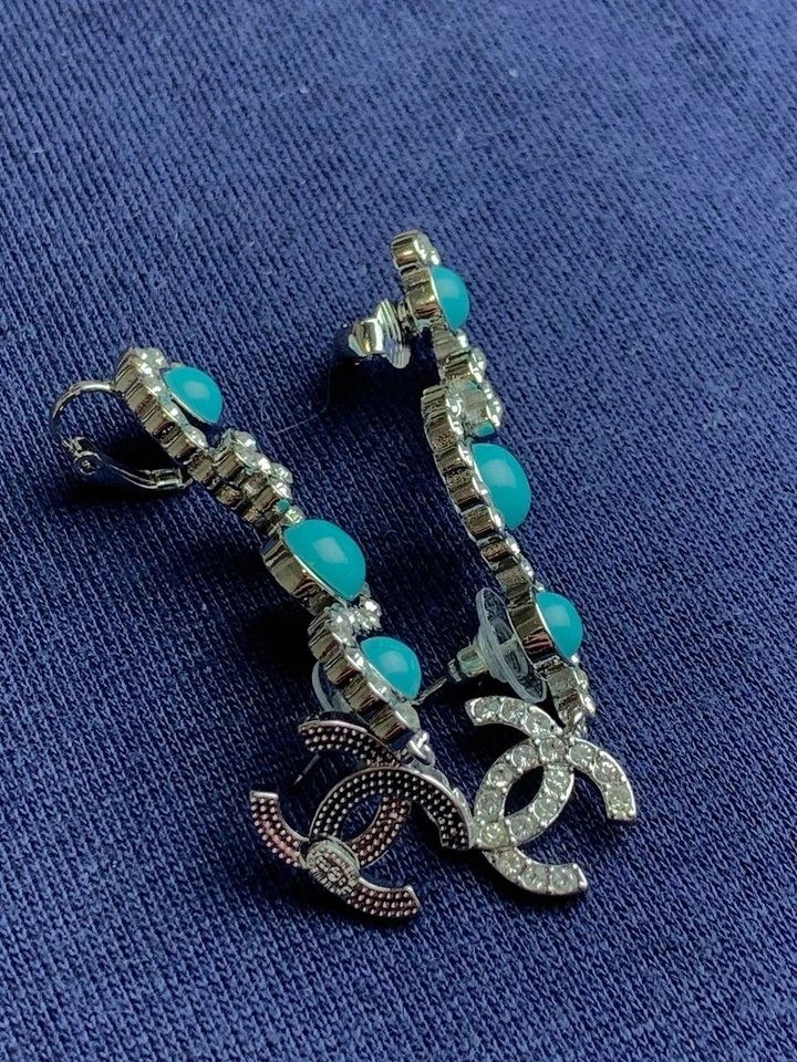 Chanel Silver Blue Stone CC Charm Dangle Drop Earrings - Image 3 of 4