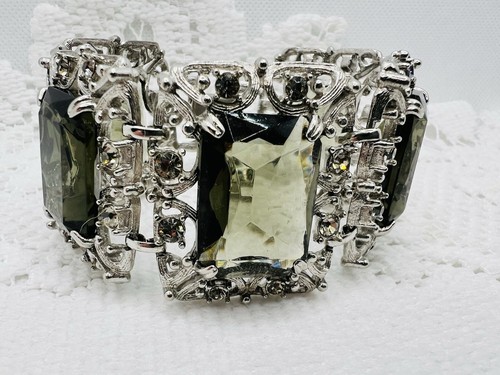 Vintage Sarah Coventry Celebrity Smoky Crystal Panel Bracelet Chunky Big - Picture 10 of 13