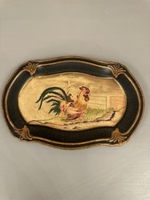 VTG Hand-Painted Rooster Oval Plaque Tray primitive Country Core French country