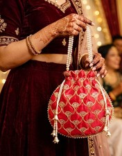 Silk Potli Bag Ethnic Designer Batwa Pearls Handle Wedding Party Purse Clutch