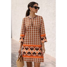 Tory Burch Silk Tunic Dress Womens 4 Orange Brown Geometric Medallion Excellent