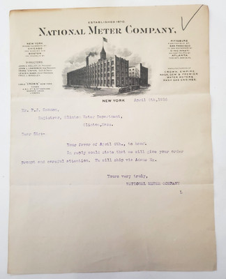 1916 Letter, National Meter Company, NY, To P.J. Cannon, Clinton MA