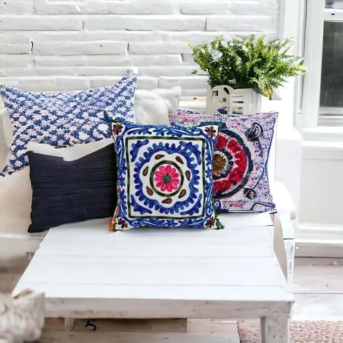 Indievibes Cotton Kantha Cushion Cover - Hand Stitched Embroidery (Blue, 16x16) - Image 3 of 4