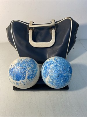 VTG Manhattan Rubber Duckpin Bowling Balls n Bag ~ Blue White Swirl Marble USA