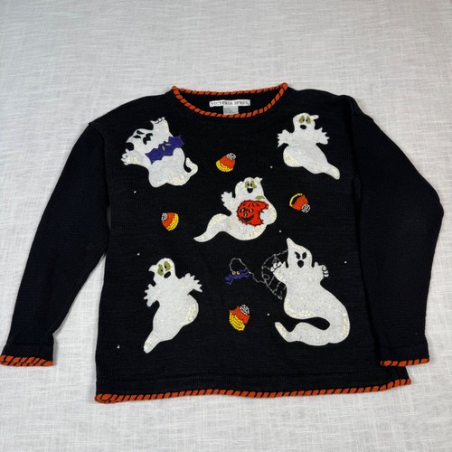 Vintage Victoria Jones Damen L Halloween schwarz Pullover Geister Applikationen Zuckermais - Bild 12 von 14