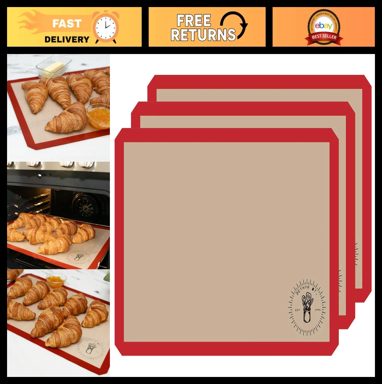 Non-Stick Silicone Baking Mats for 3/4 Size Cookie Sheets - 3 Pack, Easy Clean,
Opens in a new windo