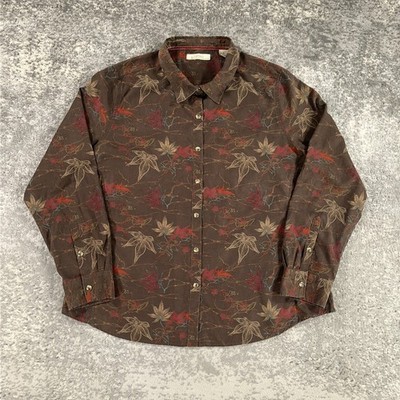 Natural Reflections Western Shirt Womens 1X Brown Fall Leaf Print Pearl Snap