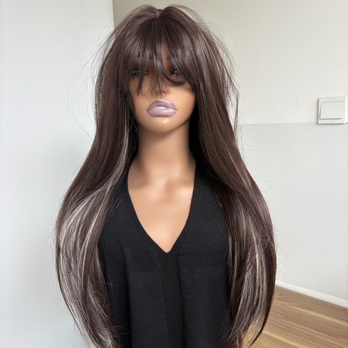 Kunsthaar Cosplay Party Perücken mit Fransen lang glatt gemischt braun blond