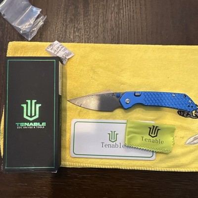 Tenable Fenrir Folding Knife Blue Aluminum Fishscale Damascus Blade B1034H9