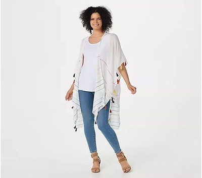 Isaac Mizrahi Live Tassel Trim Striped Kimono Wrap White Multi Plus One Size