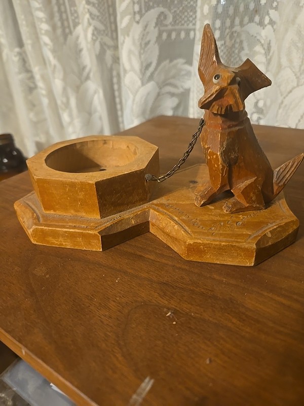 Schnauzer On Chain. Made In Germany Hand Covered Wooden Ashtray Holder