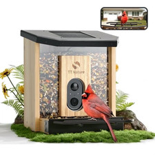 Smart Cedar Wood Bird Feeder w/ Camera, Solar, AI ID 10,000 Birds